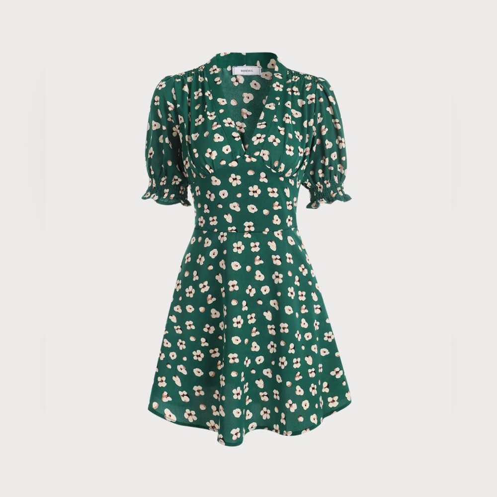 NWT RIHOAS V Neck Puff Sleeve Floral Mini Dress Sz S, M. - Picture 6 of 7